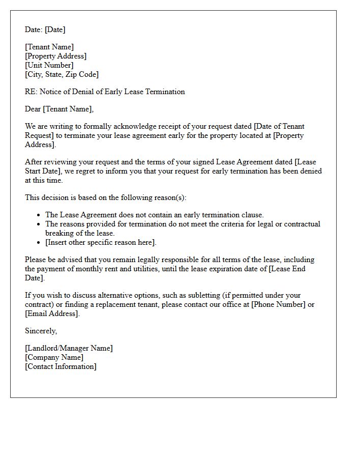 Residential Property Early Lease Termination Denial Letter