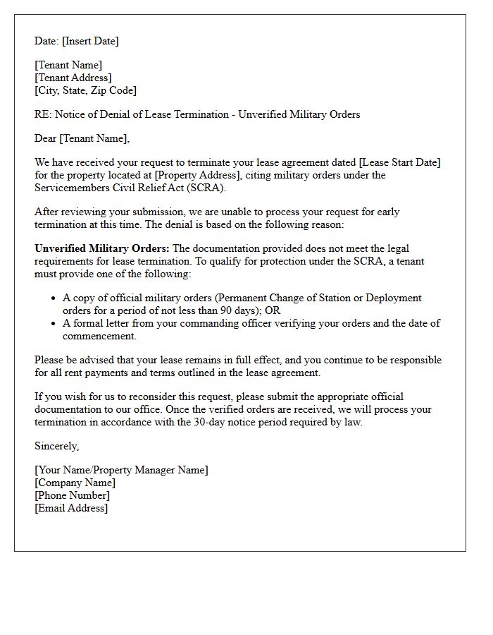 Unverified Military Orders Early Lease Termination Denial Letter