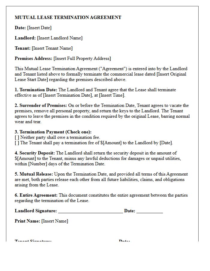 Commercial Lease Mutual Termination Agreement Letter