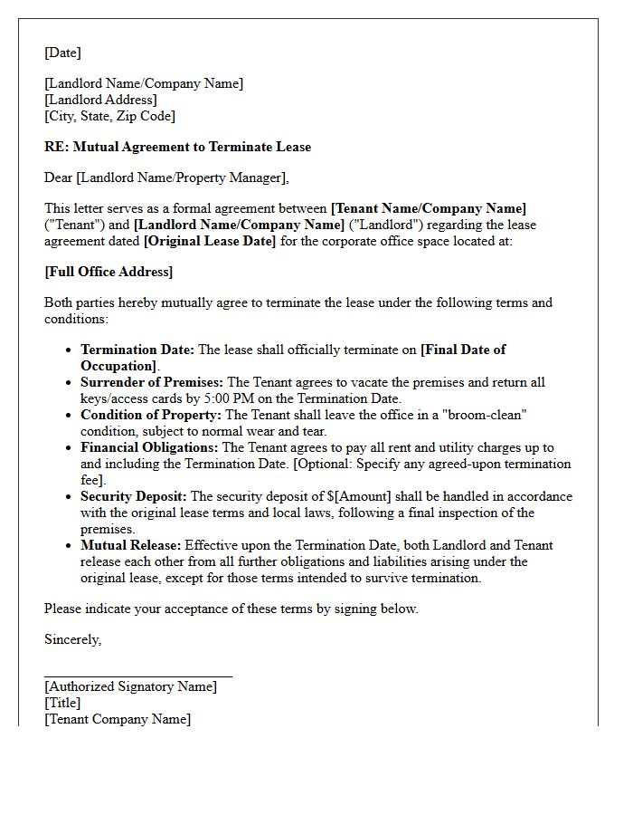 Corporate Office Mutual Agreement to Terminate Lease Letter