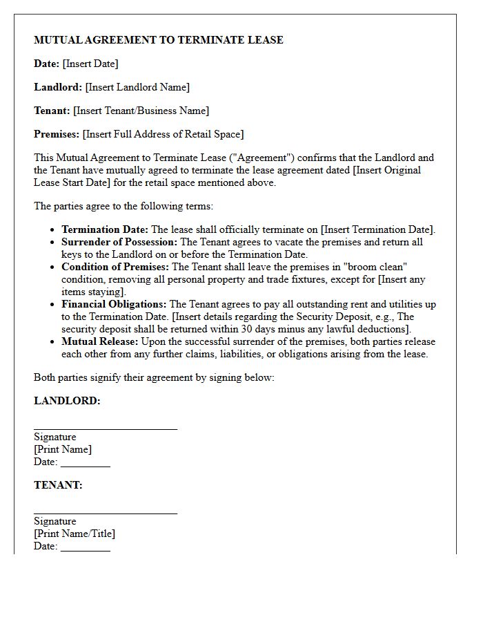 Retail Space Mutual Agreement to Terminate Lease Letter