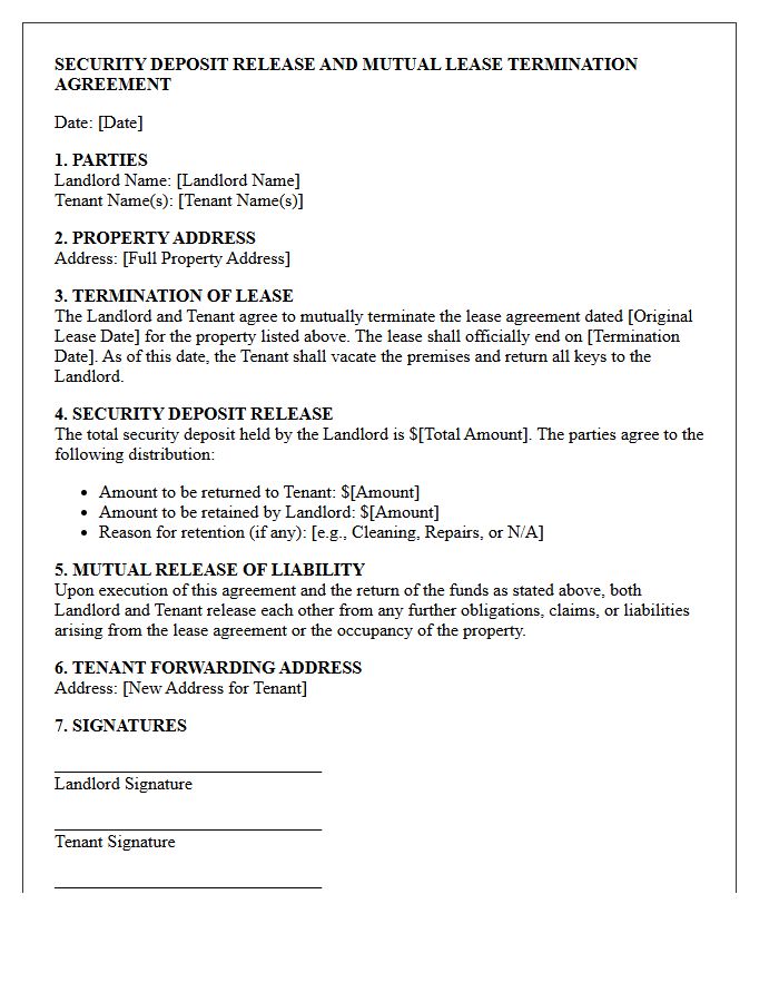 Security Deposit Release and Mutual Lease Termination Letter