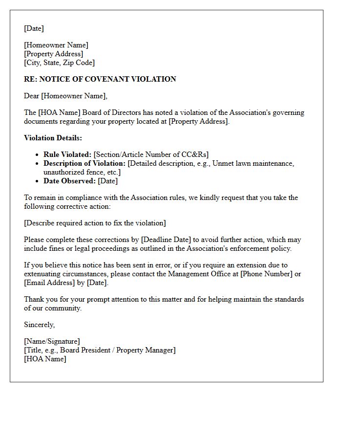 Homeowners Association Rule Violation Letter
