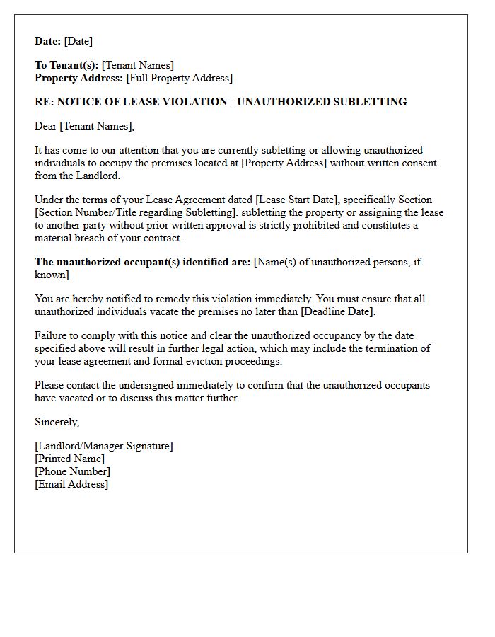 Illegal Subletting Warning Notice Letter
