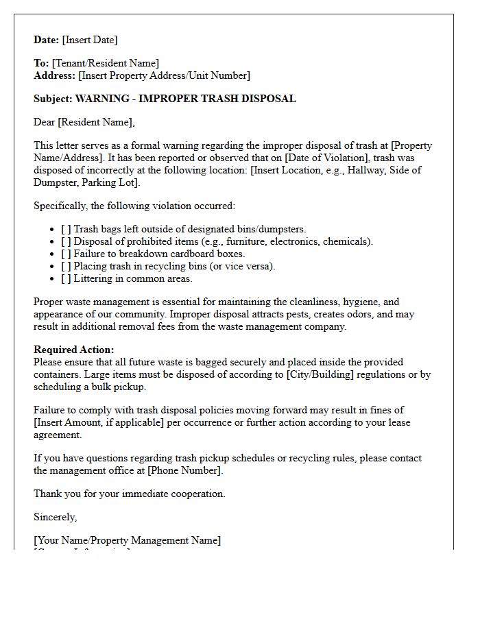 Improper Trash Disposal Warning Letter