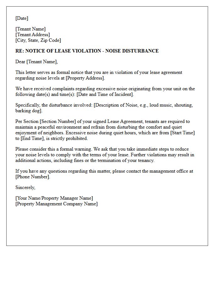 Noise Disturbance Lease Violation Letter