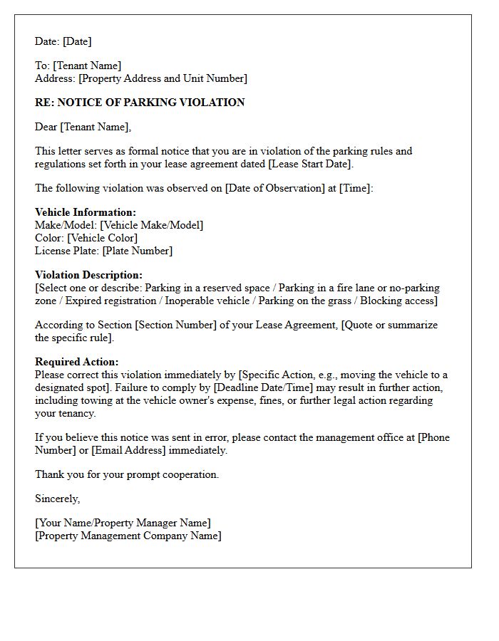 Parking Rule Lease Violation Letter