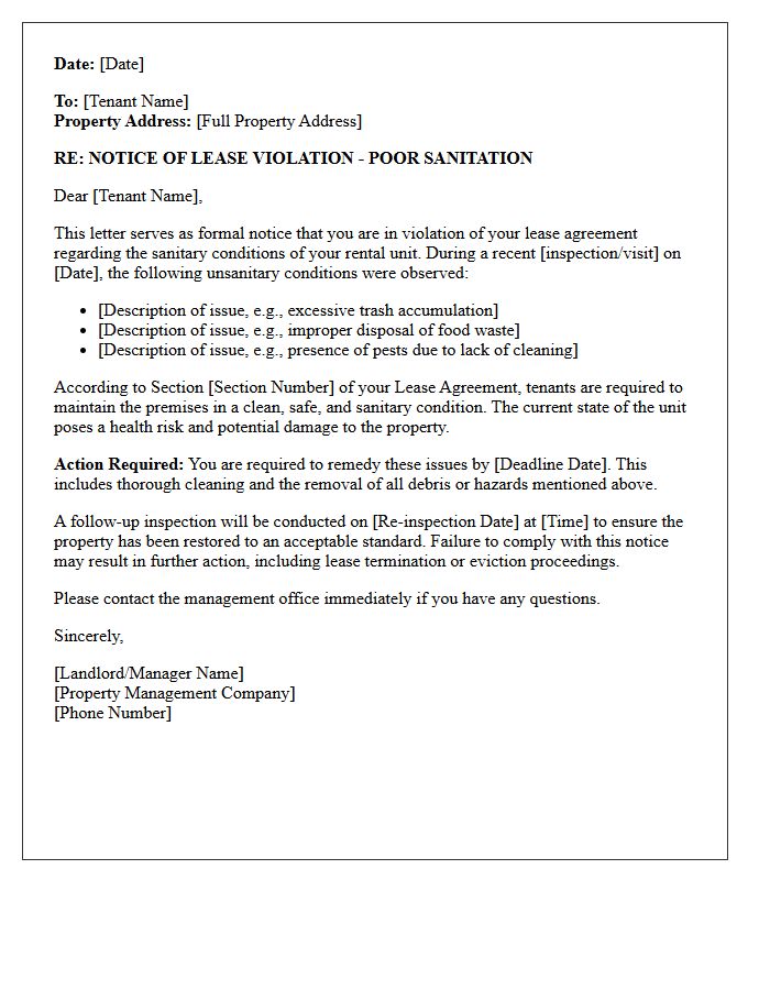 Poor Sanitation Lease Violation Letter