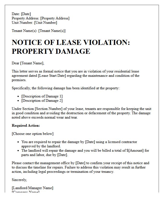 Property Damage Lease Violation Letter