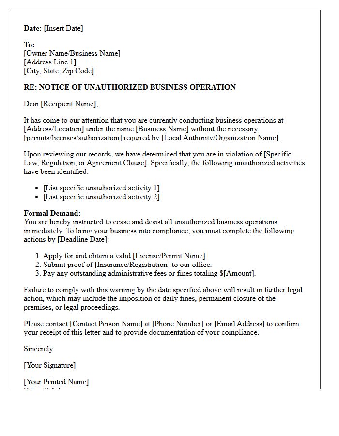 Unauthorized Business Operation Warning Letter