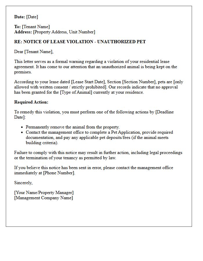 Unauthorized Pet Warning Notice Letter