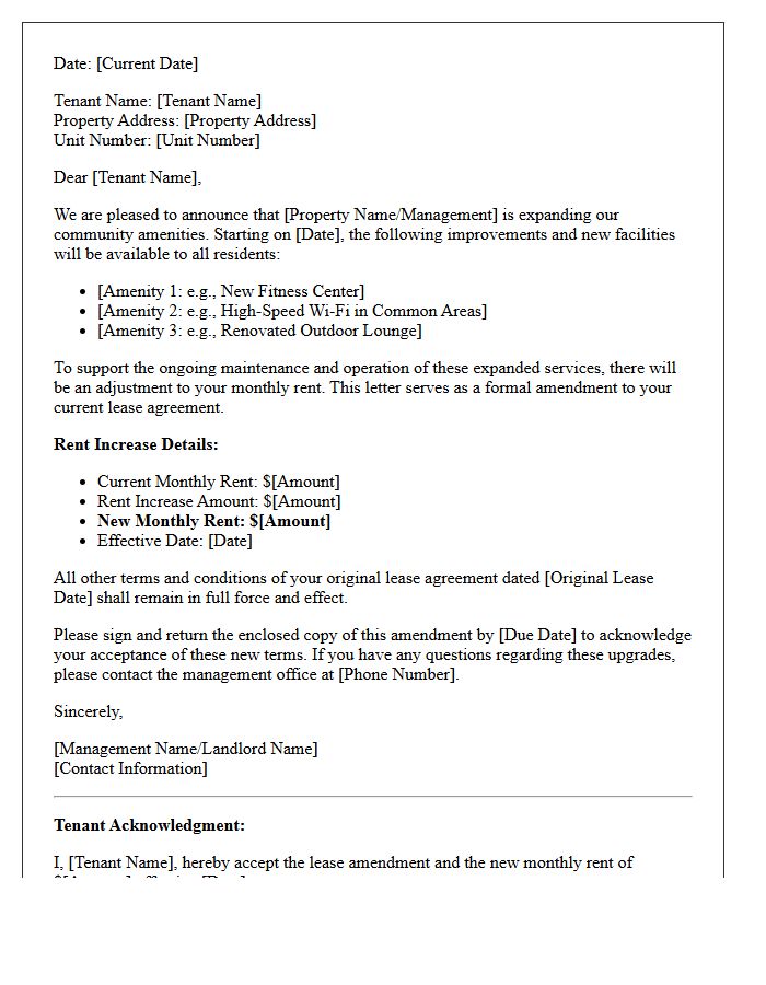 Amenities Expansion Rent Increase And Lease Amendment Letter