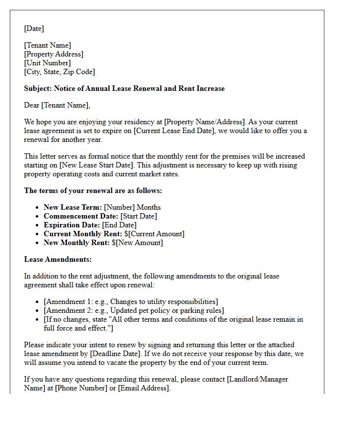 Annual Lease Renewal Rent Increase And Lease Amendment Letter