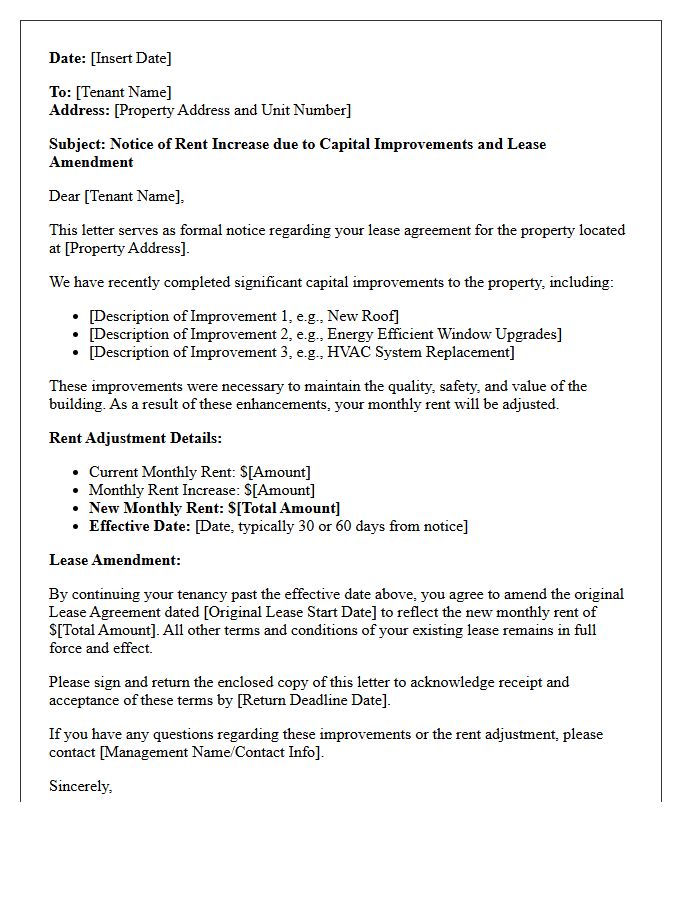 Capital Improvement Rent Increase And Lease Amendment Letter