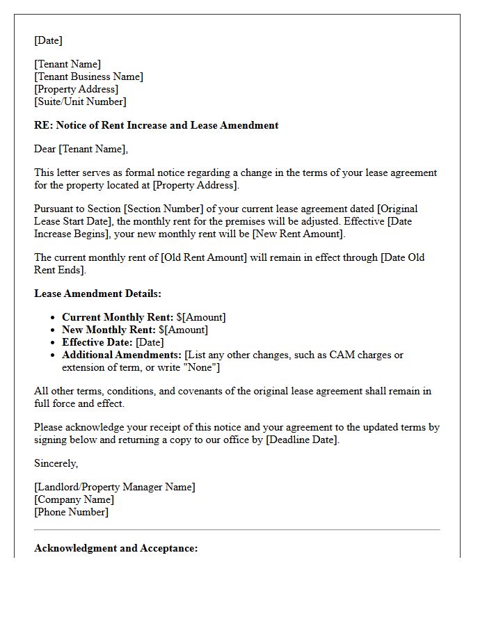 Commercial Property Rent Increase And Lease Amendment Letter