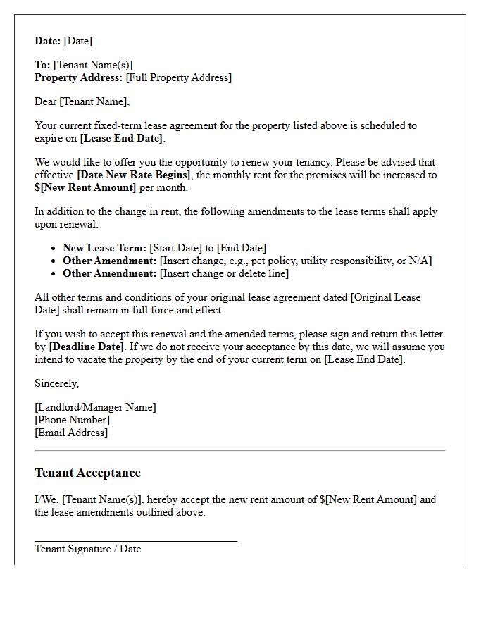 Fixed-Term Expiration Rent Increase And Lease Amendment Letter