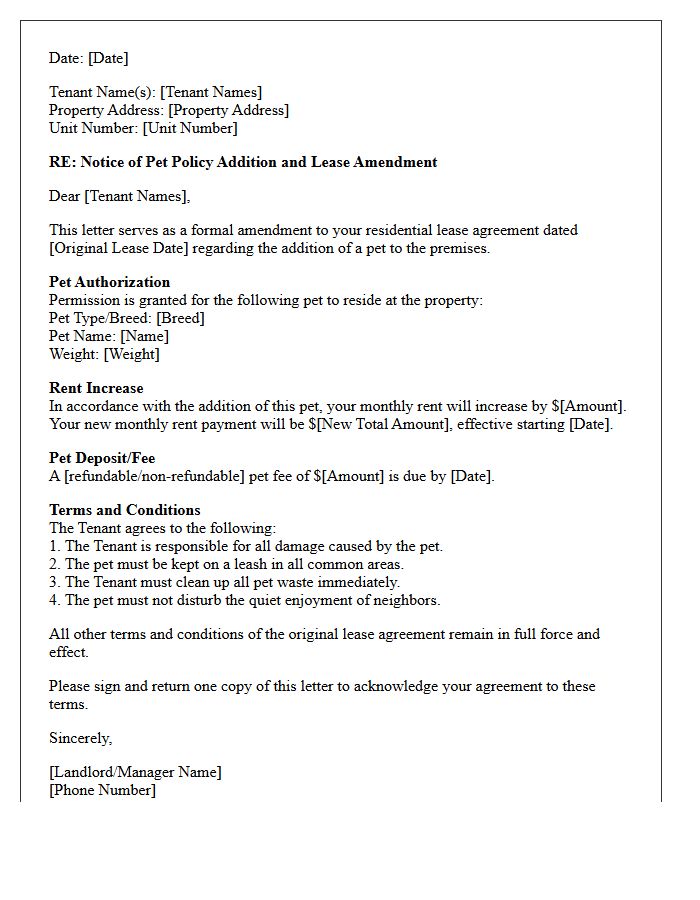 Pet Policy Addition Rent Increase And Lease Amendment Letter