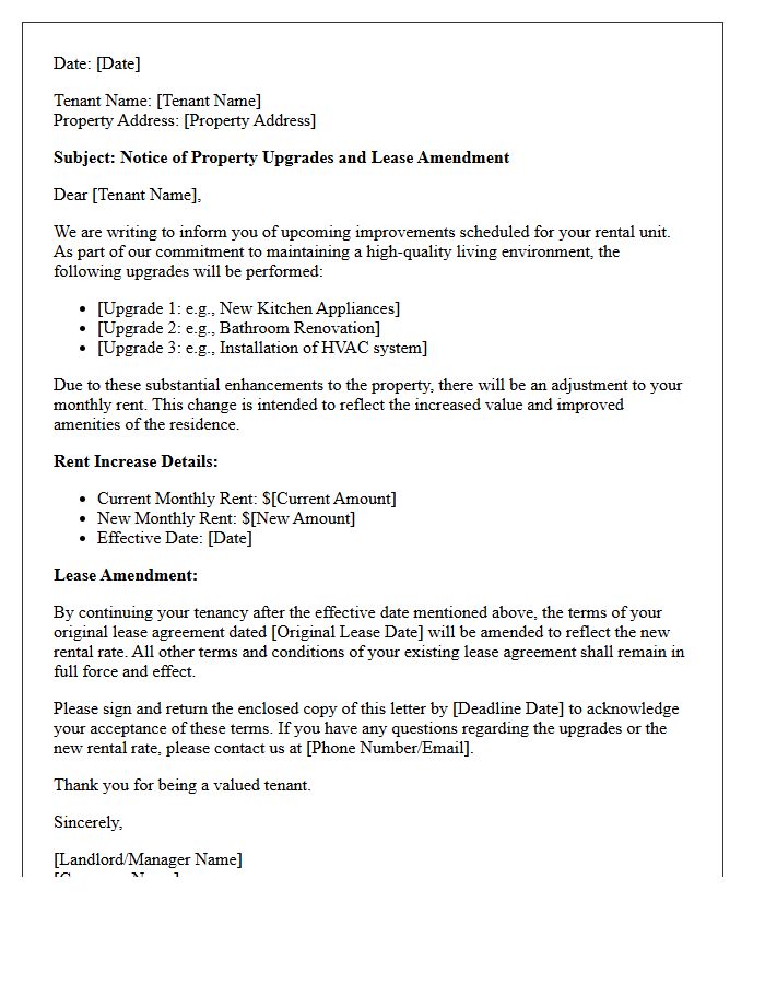Property Upgrade Rent Increase And Lease Amendment Letter
