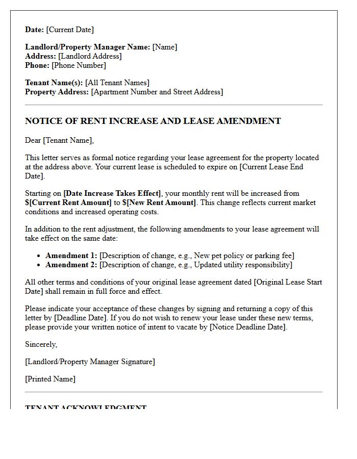 Residential Apartment Rent Increase And Lease Amendment Letter