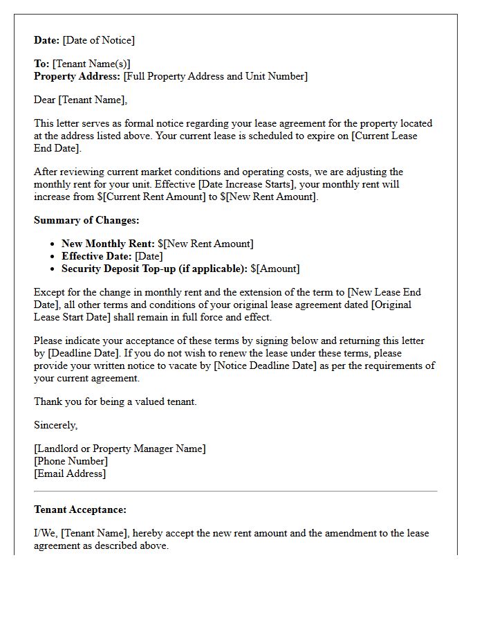 Standard Notice Of Rent Increase And Lease Amendment Letter