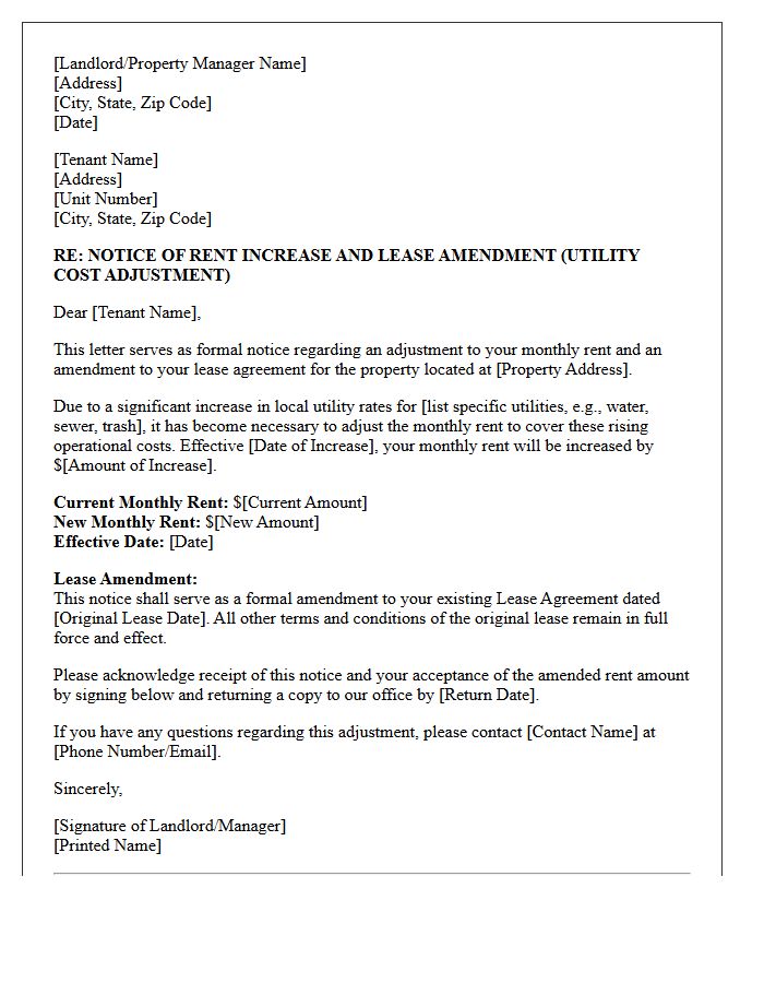Utility Cost Adjustment Rent Increase And Lease Amendment Letter