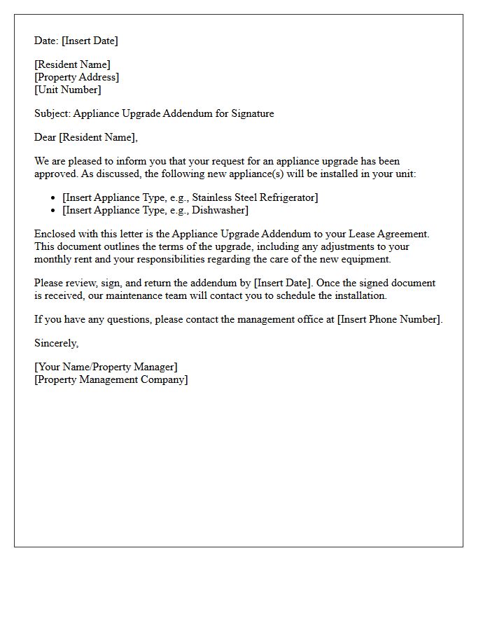 Appliance Upgrade Addendum Enclosed For Signature Letter