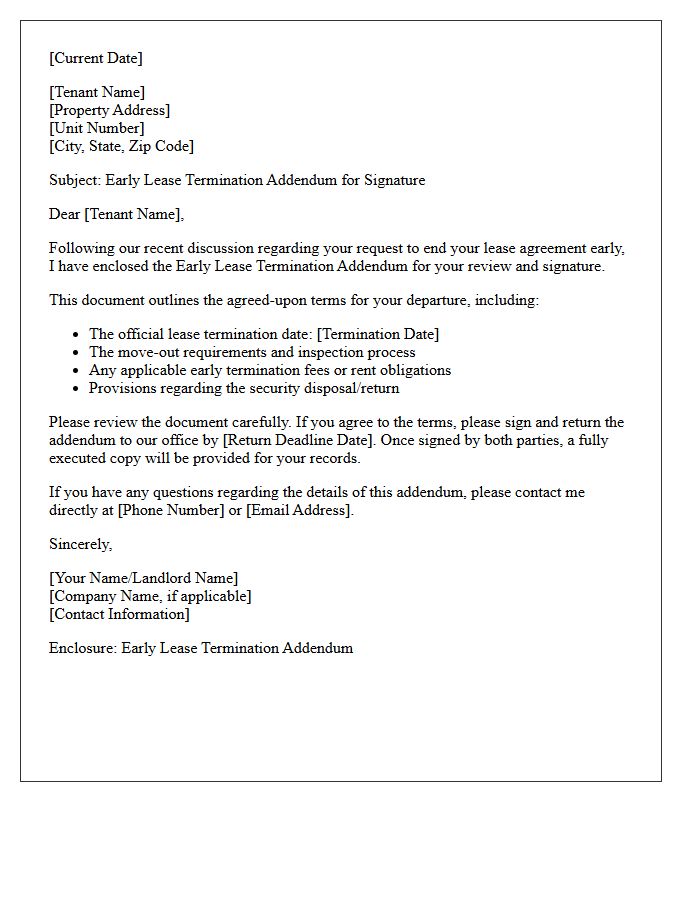 Early Lease Termination Addendum Enclosed For Signature Letter