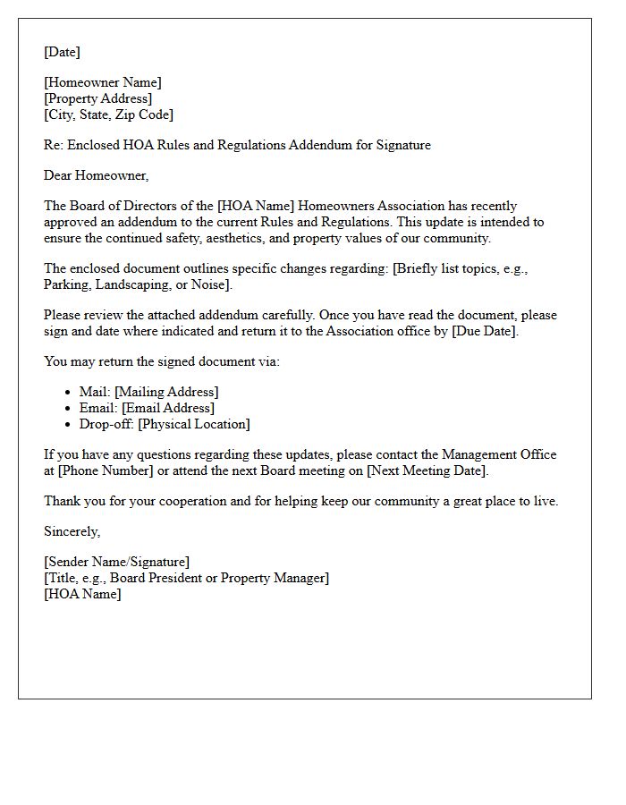 Homeowners Association Rules Addendum Enclosed For Signature Letter