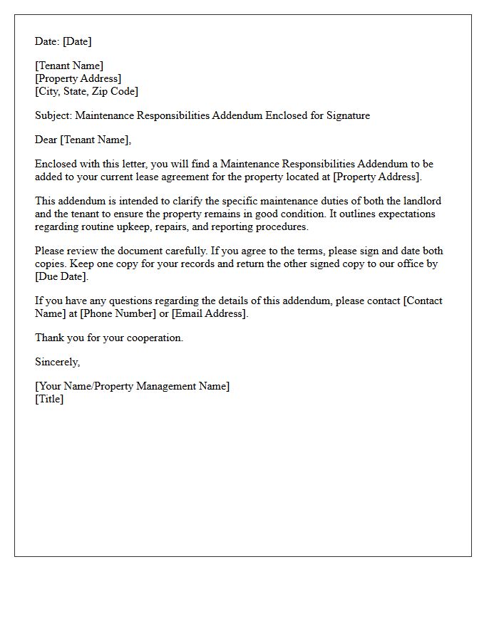 Maintenance Responsibilities Addendum Enclosed For Signature Letter