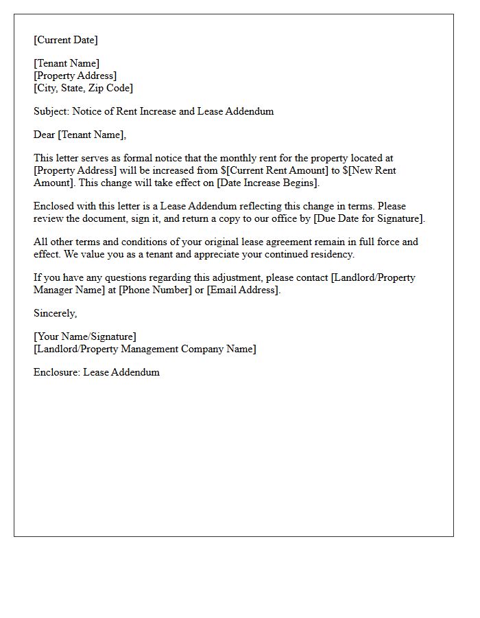 Rent Increase Lease Addendum Enclosed For Signature Letter
