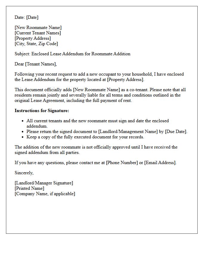 Roommate Addition Lease Addendum Enclosed For Signature Letter