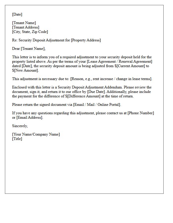 Security Deposit Adjustment Addendum Enclosed For Signature Letter