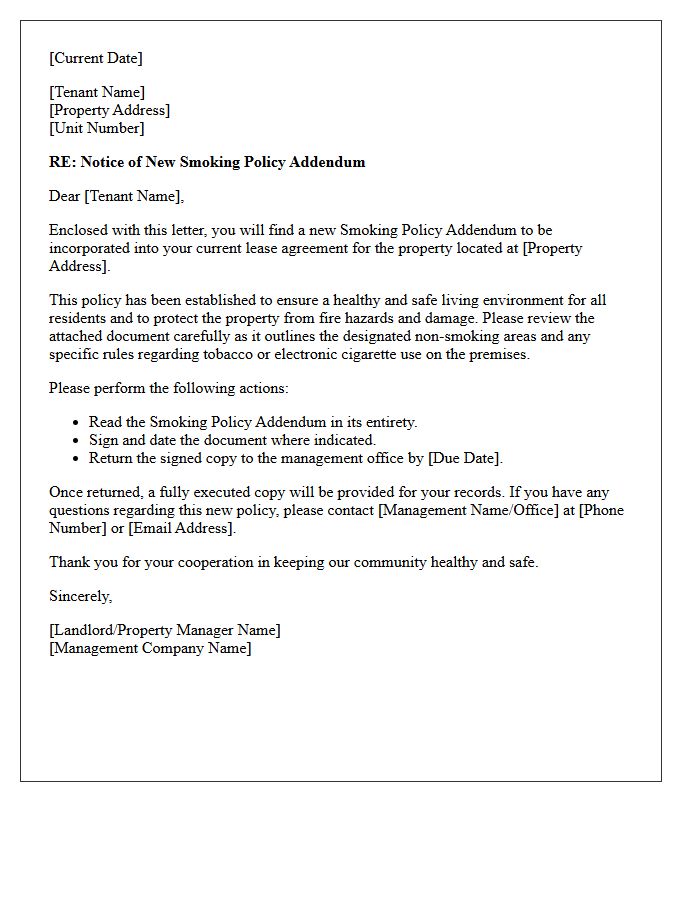 Smoking Policy Addendum Enclosed For Signature Letter