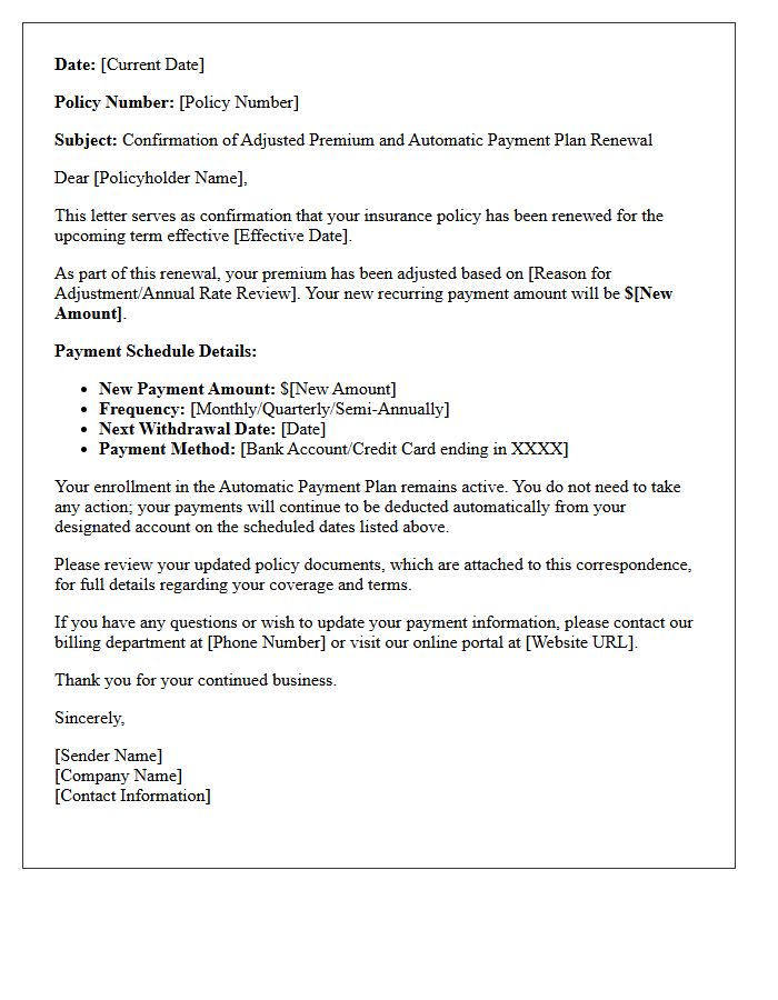 Adjusted Premium Automatic Payment Plan Renewal Confirmation Letter