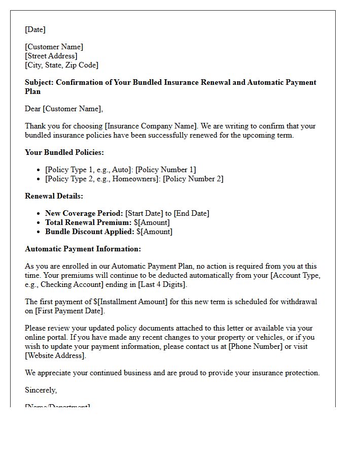 Bundled Insurance Policies Automatic Payment Plan Renewal Confirmation Letter