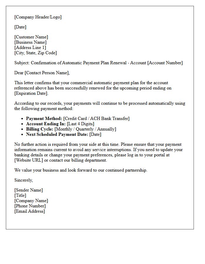 Commercial Business Automatic Payment Plan Renewal Confirmation Letter