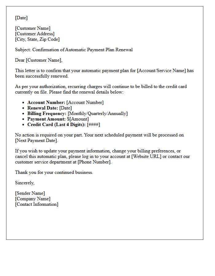 Credit Card Billed Automatic Payment Plan Renewal Confirmation Letter