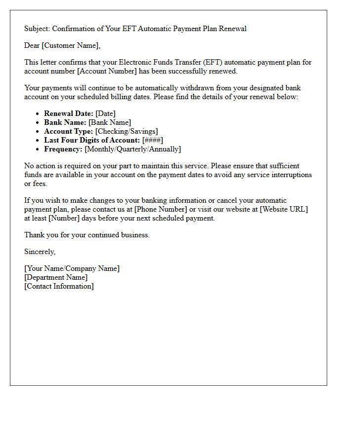 Electronic Funds Transfer Automatic Payment Plan Renewal Confirmation Letter