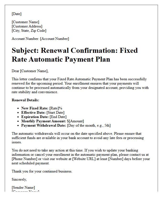 Fixed Rate Automatic Payment Plan Renewal Confirmation Letter