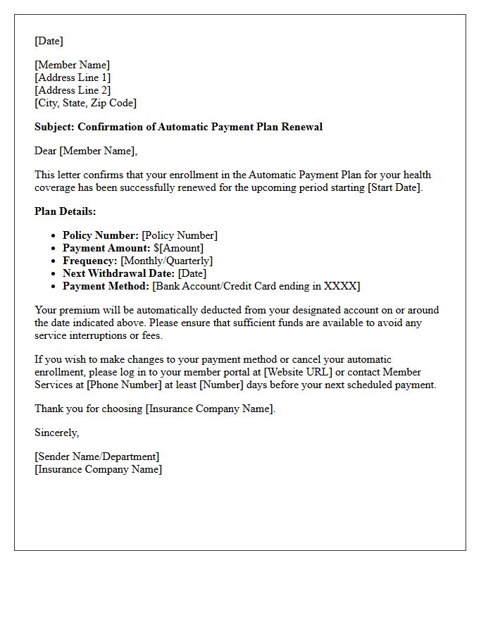 Health Coverage Automatic Payment Plan Renewal Confirmation Letter