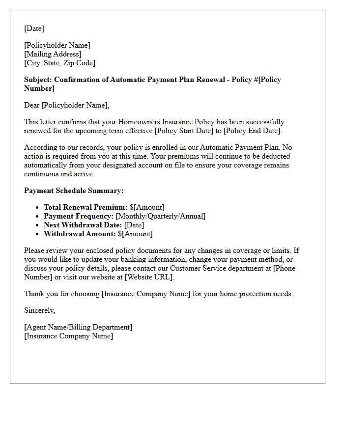 Homeowners Policy Automatic Payment Plan Renewal Confirmation Letter