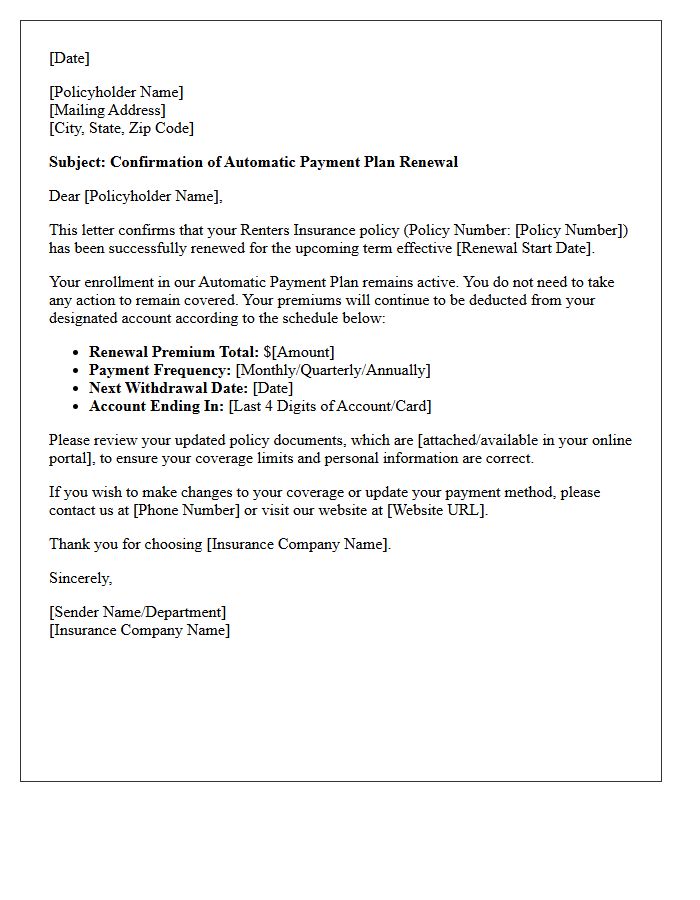 Renters Insurance Automatic Payment Plan Renewal Confirmation Letter