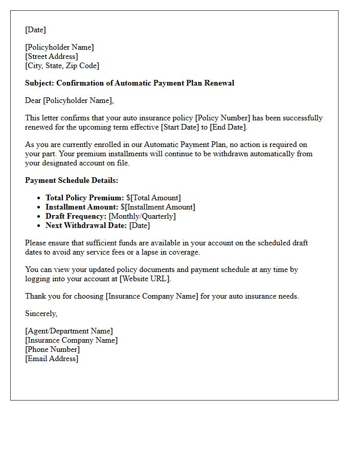 Standard Auto Insurance Automatic Payment Plan Renewal Confirmation Letter