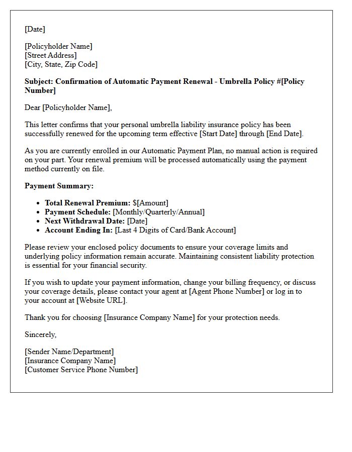 Umbrella Policy Automatic Payment Plan Renewal Confirmation Letter