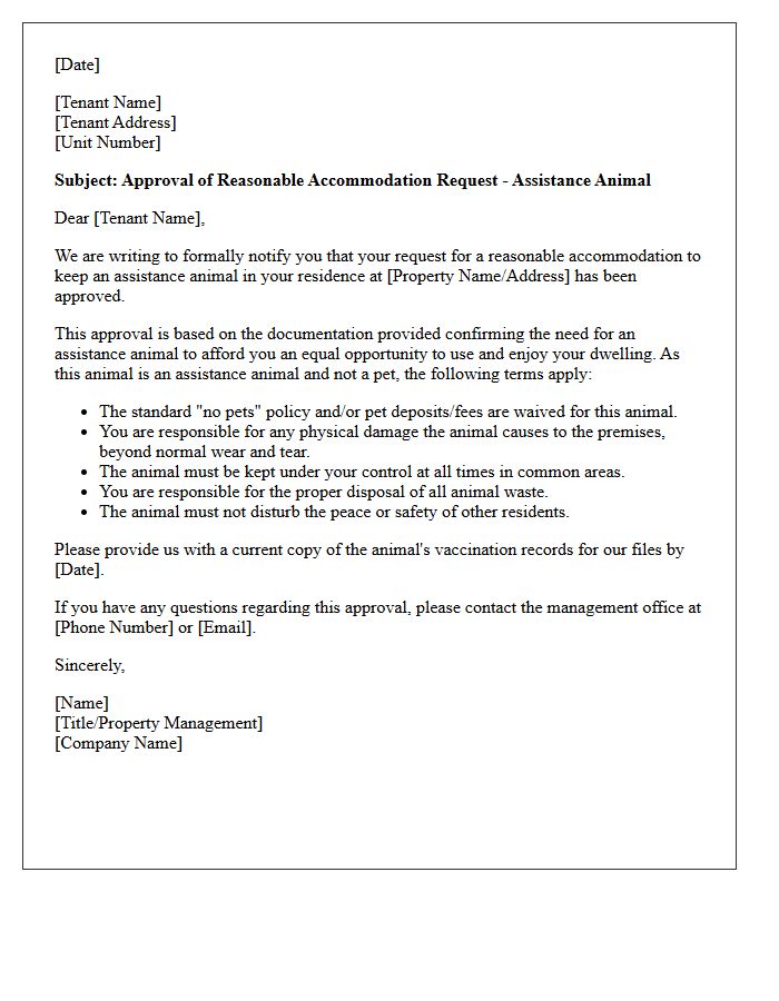 Assistance Animal Accommodation Approval Letter