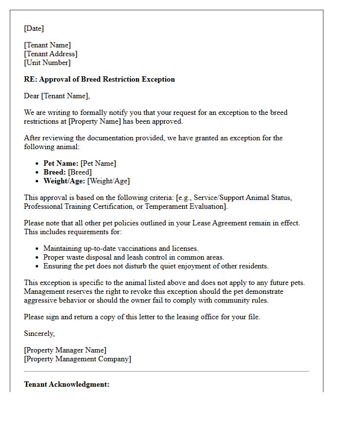 Breed Restriction Exception Approval Letter