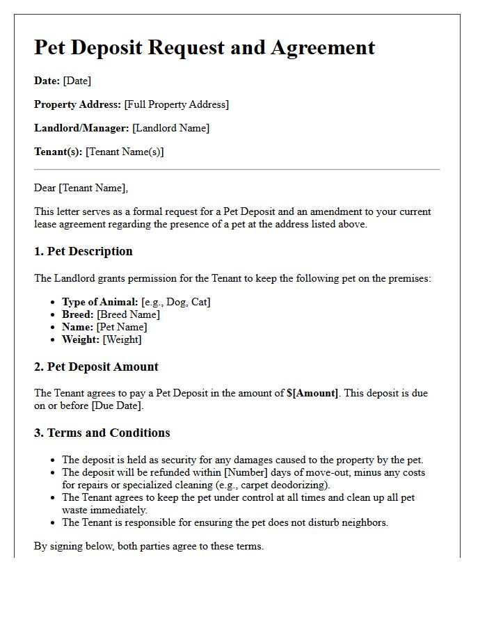 Pet Deposit Request And Agreement Letter