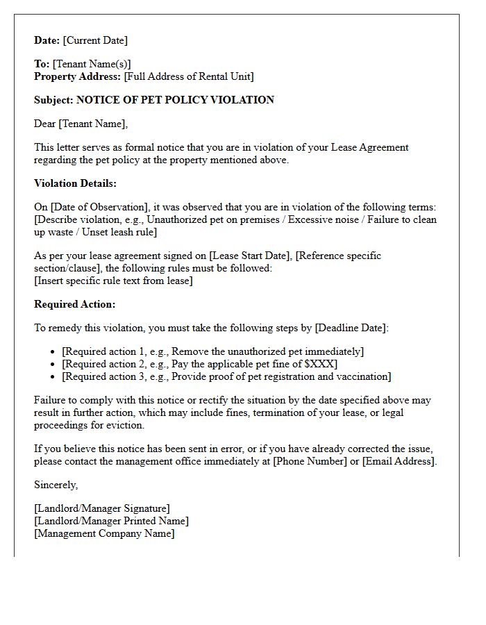 Pet Policy Violation Notice Letter