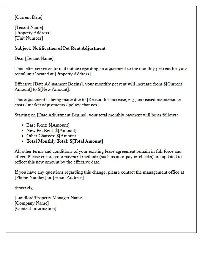 Pet Rent Adjustment Notification Letter