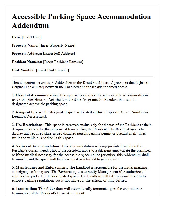 Accessible Parking Space Accommodation Addendum Letter